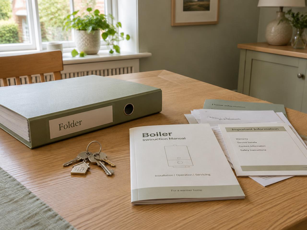 A handover folder, house keys and instruction manuals on a table