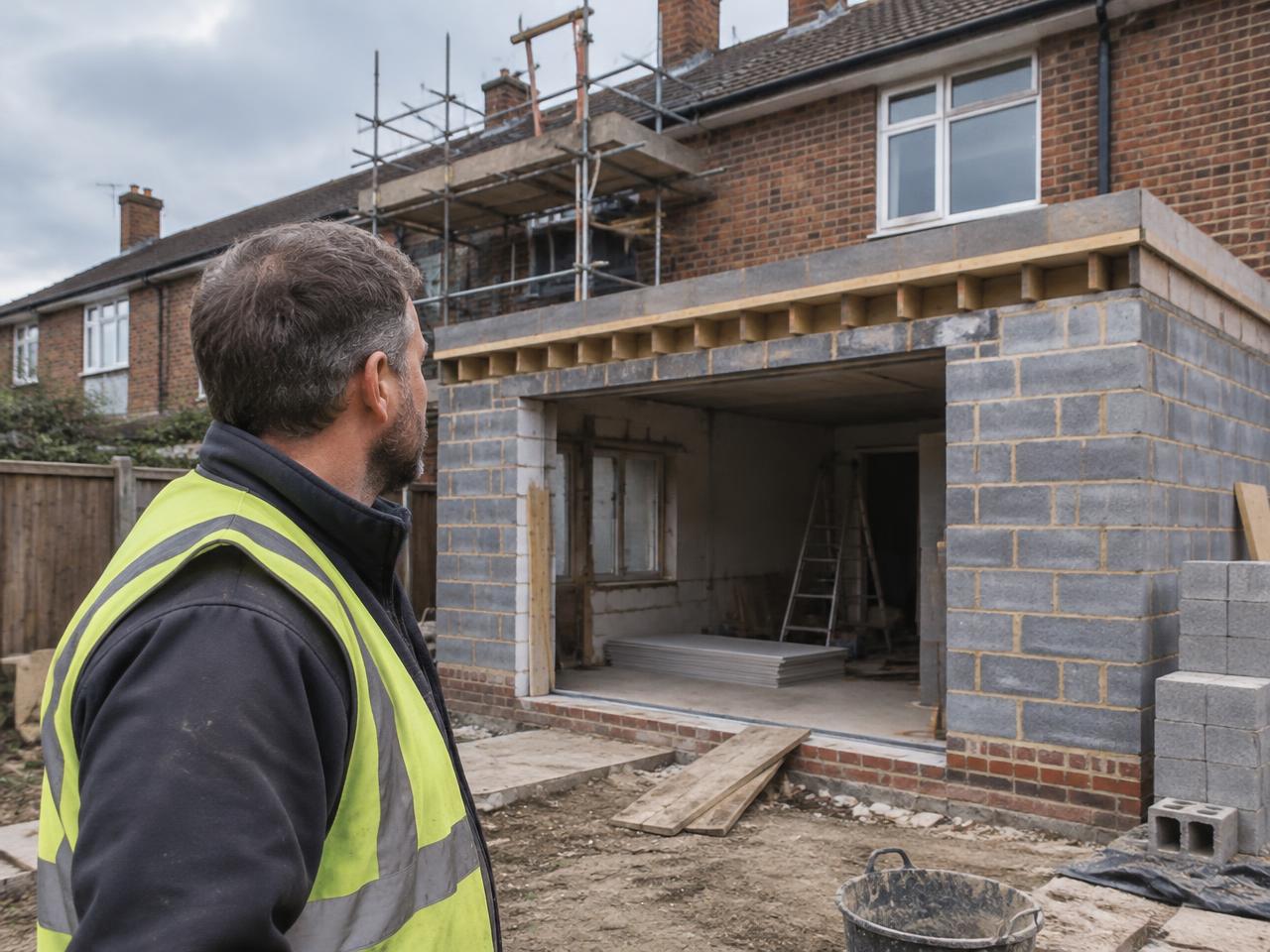 A builder in a hi-vis vest looking at a blockwork house extension under construction, with scaffolding behind